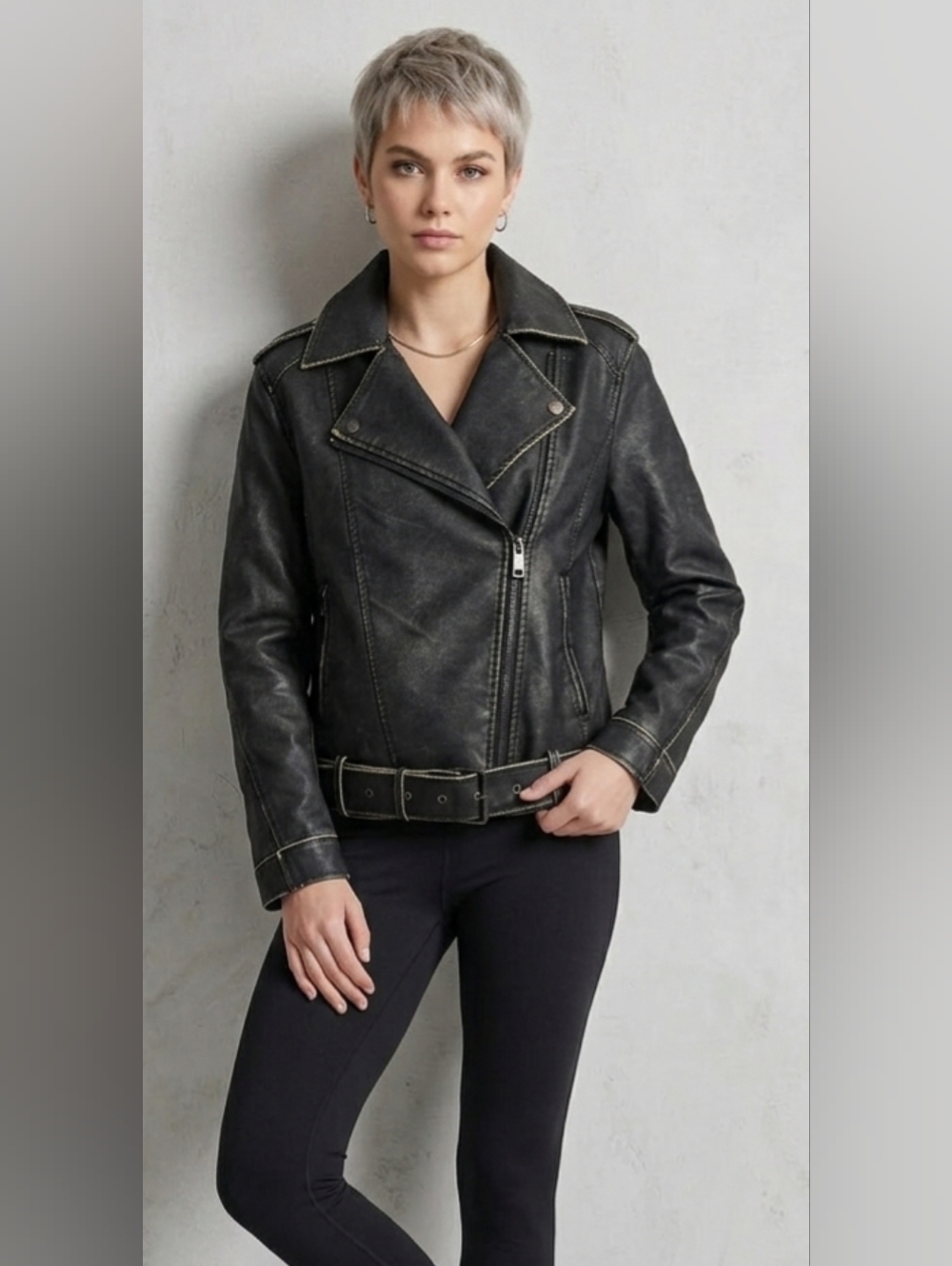 Steve Madden Black Vegan Leather Moto Jacket Belted Zip Biker Distressed Edgy